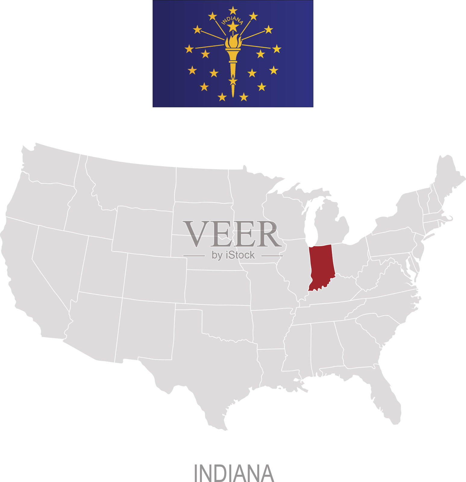 印第安纳州的旗帜和在美国地图上的位置插画图片素材