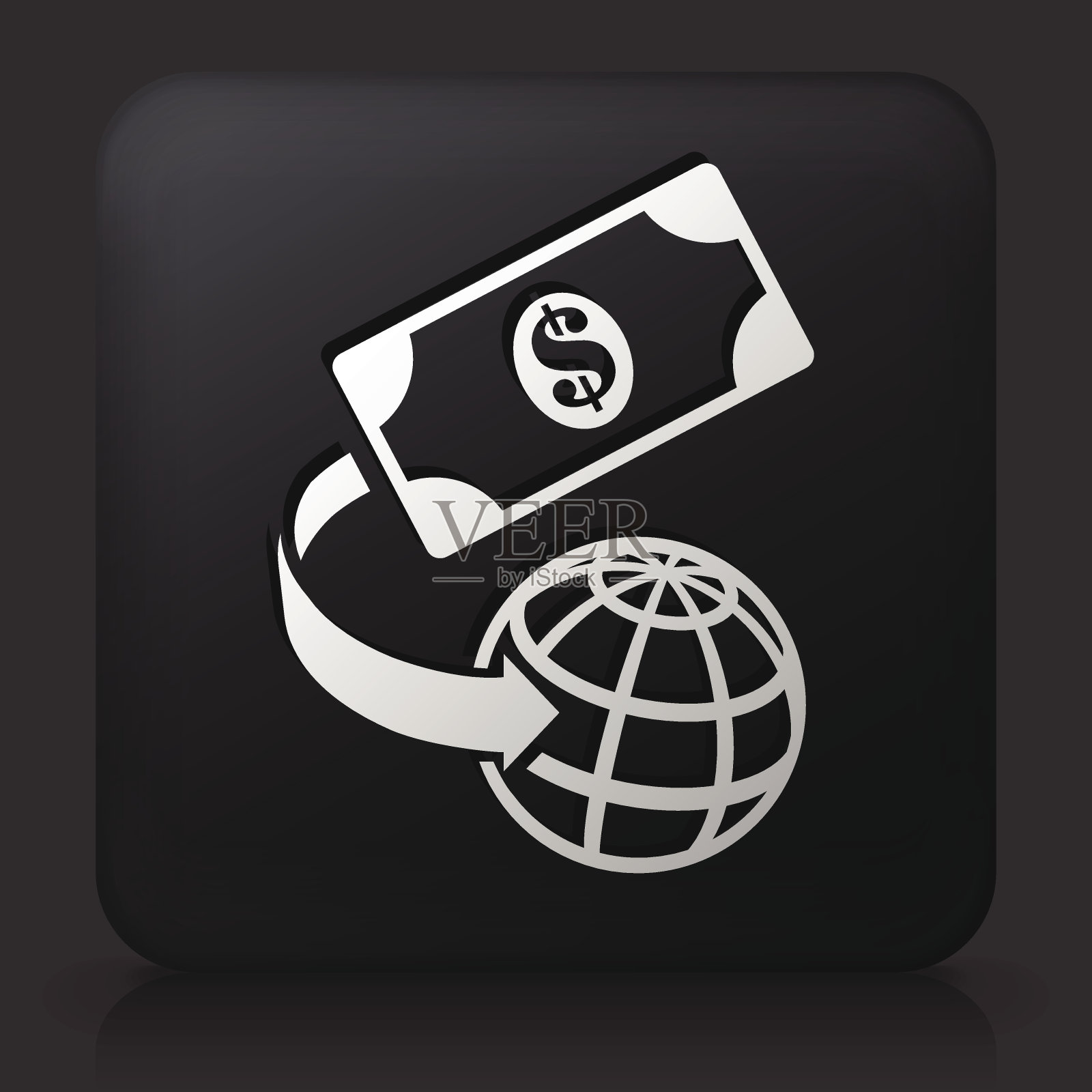 黑色方形按钮与全球货币图标插画图片素材