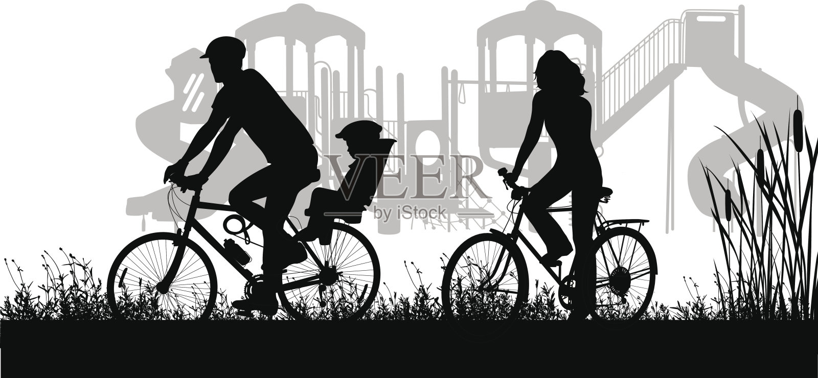 家人骑自行车插画图片素材