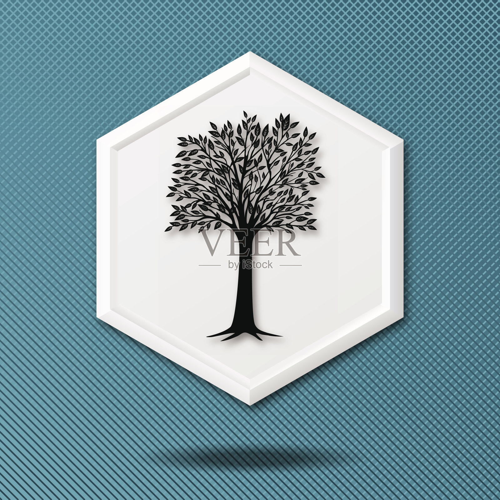 白色3D六边形图标上的蓝色与树插画图片素材