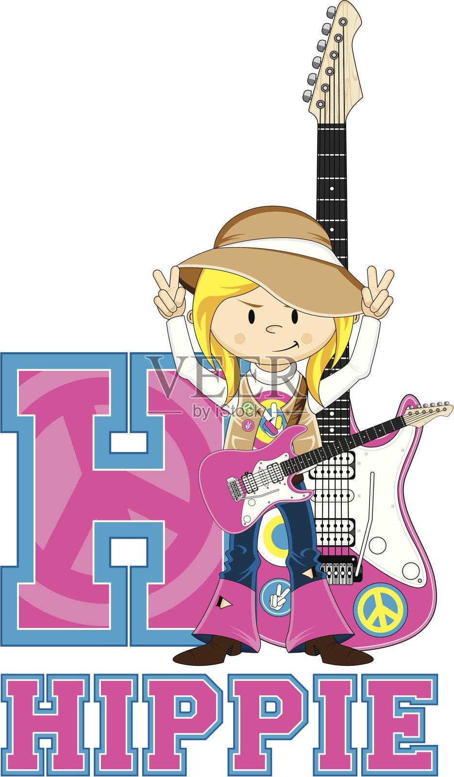 嬉皮与吉他学习字母H插画图片素材