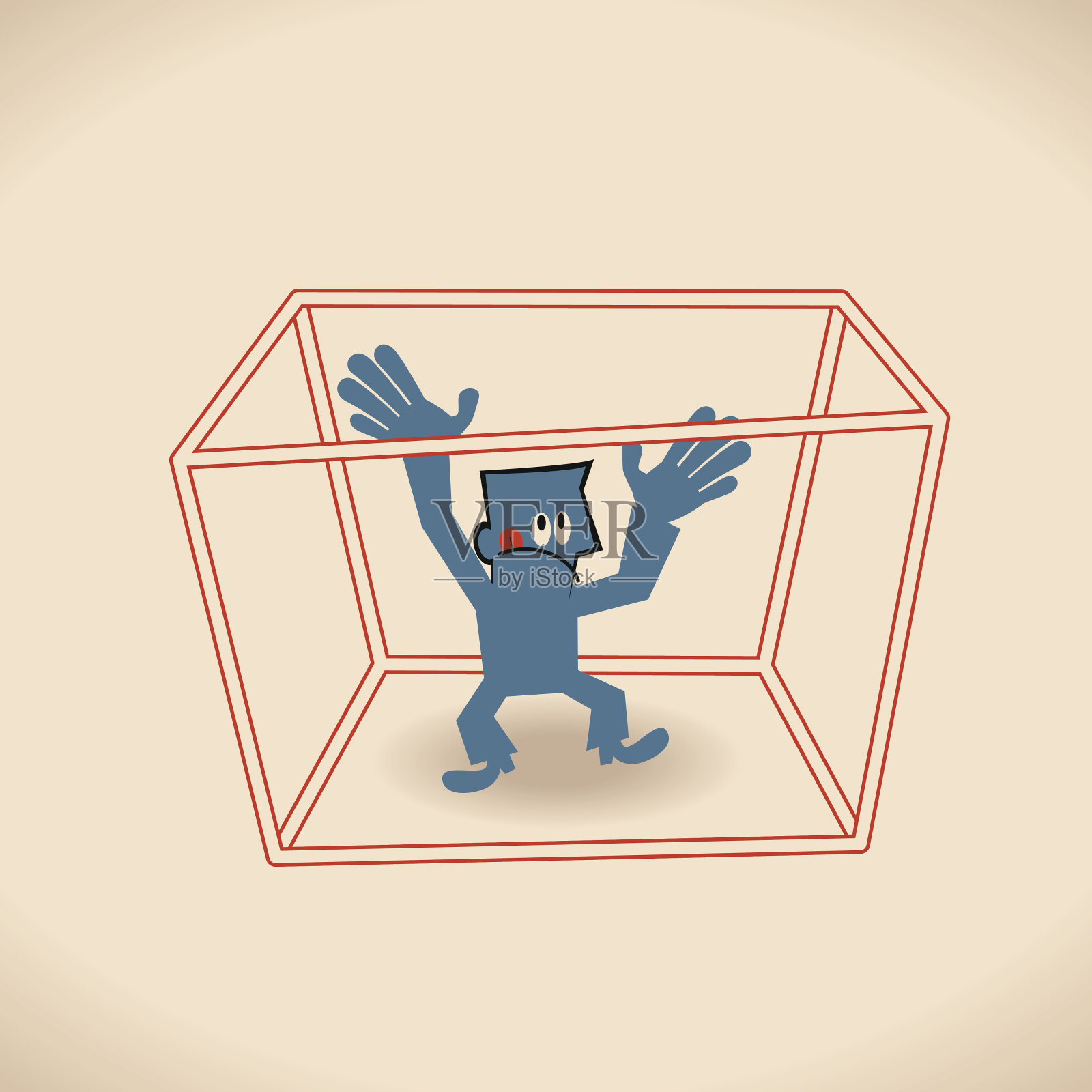 跳出框框思考，商人在线框立方体内插画图片素材