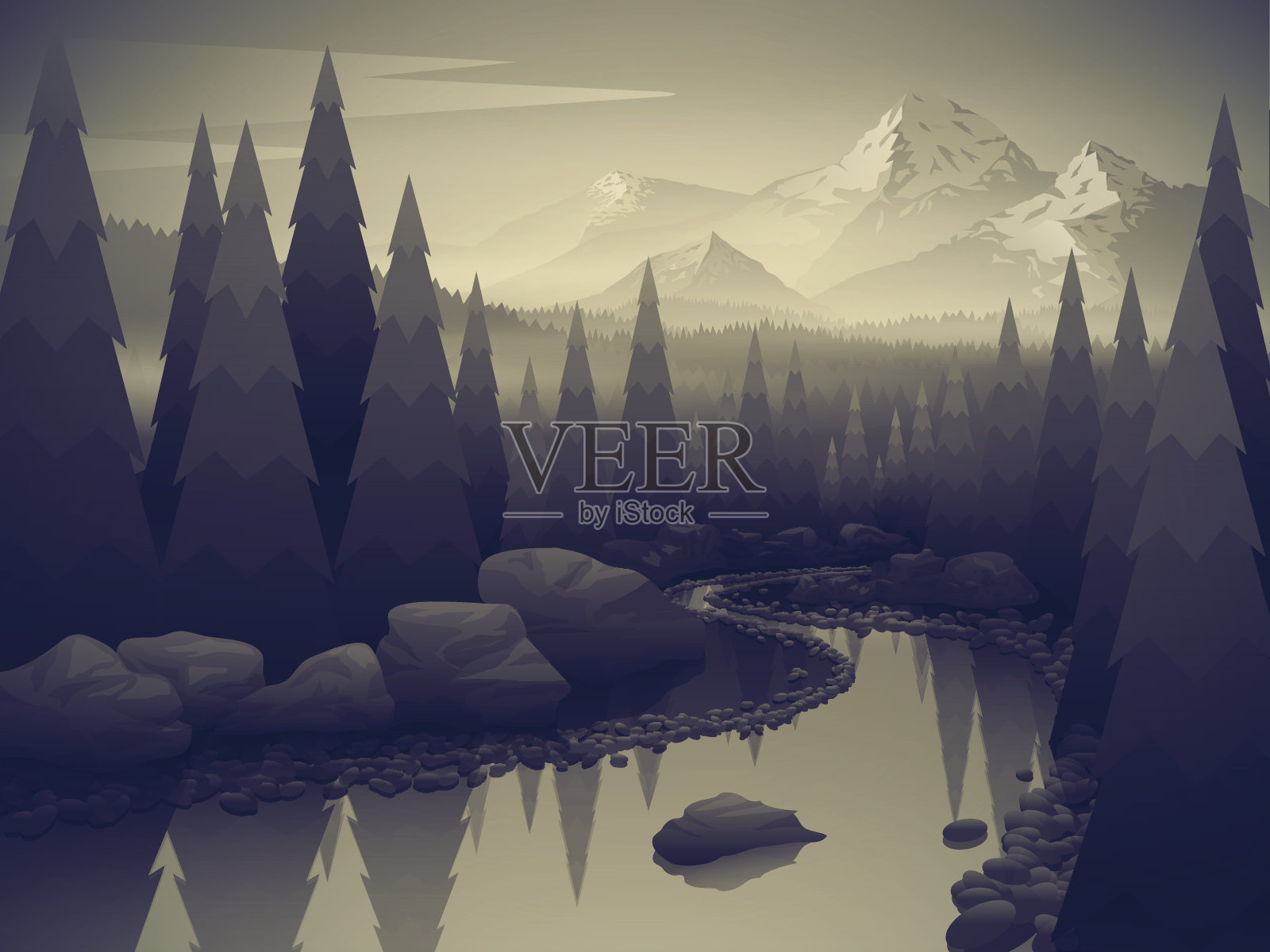 景观有森林、河流和山脉插画图片素材