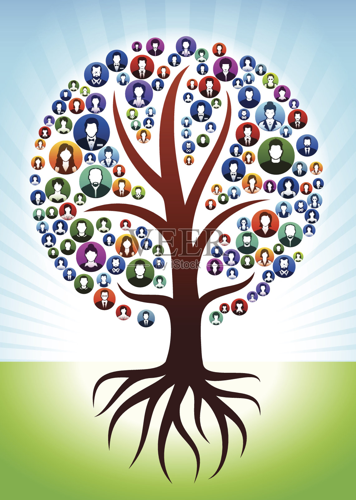 树有根的人面对社区和交流模式。插画图片素材