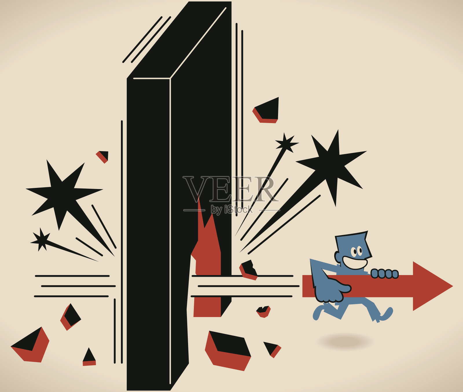 商人跑着砸开一堵有箭头标志的墙插画图片素材