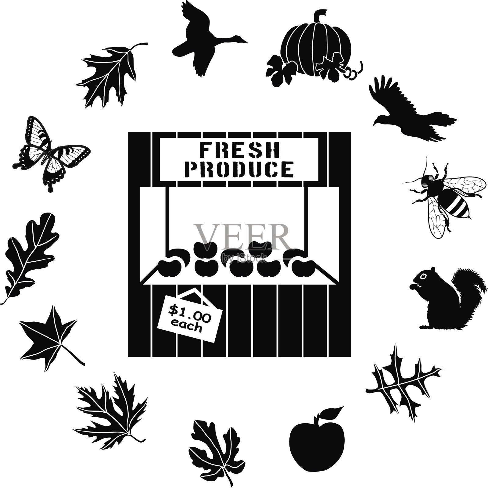 农场四周环绕着野生动物的标志边界插画图片素材