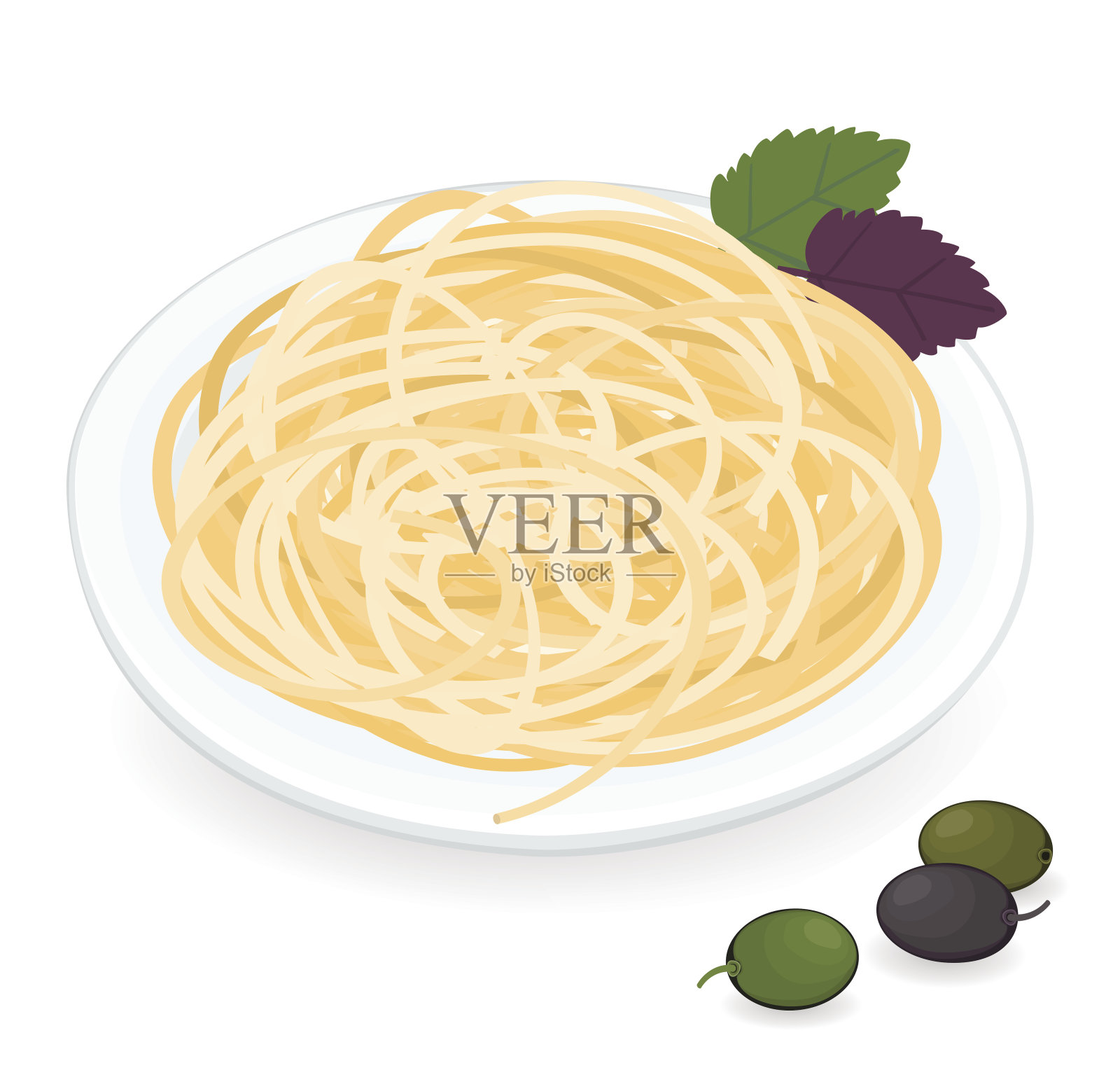 意大利面配薄荷和罗勒叶，腌制橄榄插画图片素材