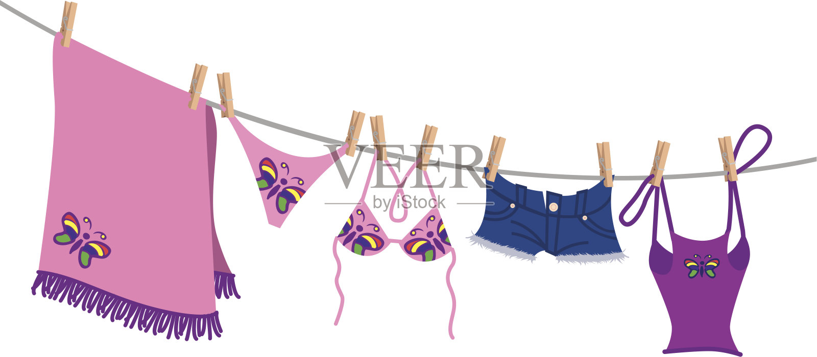 年轻女孩的晾衣绳插画图片素材