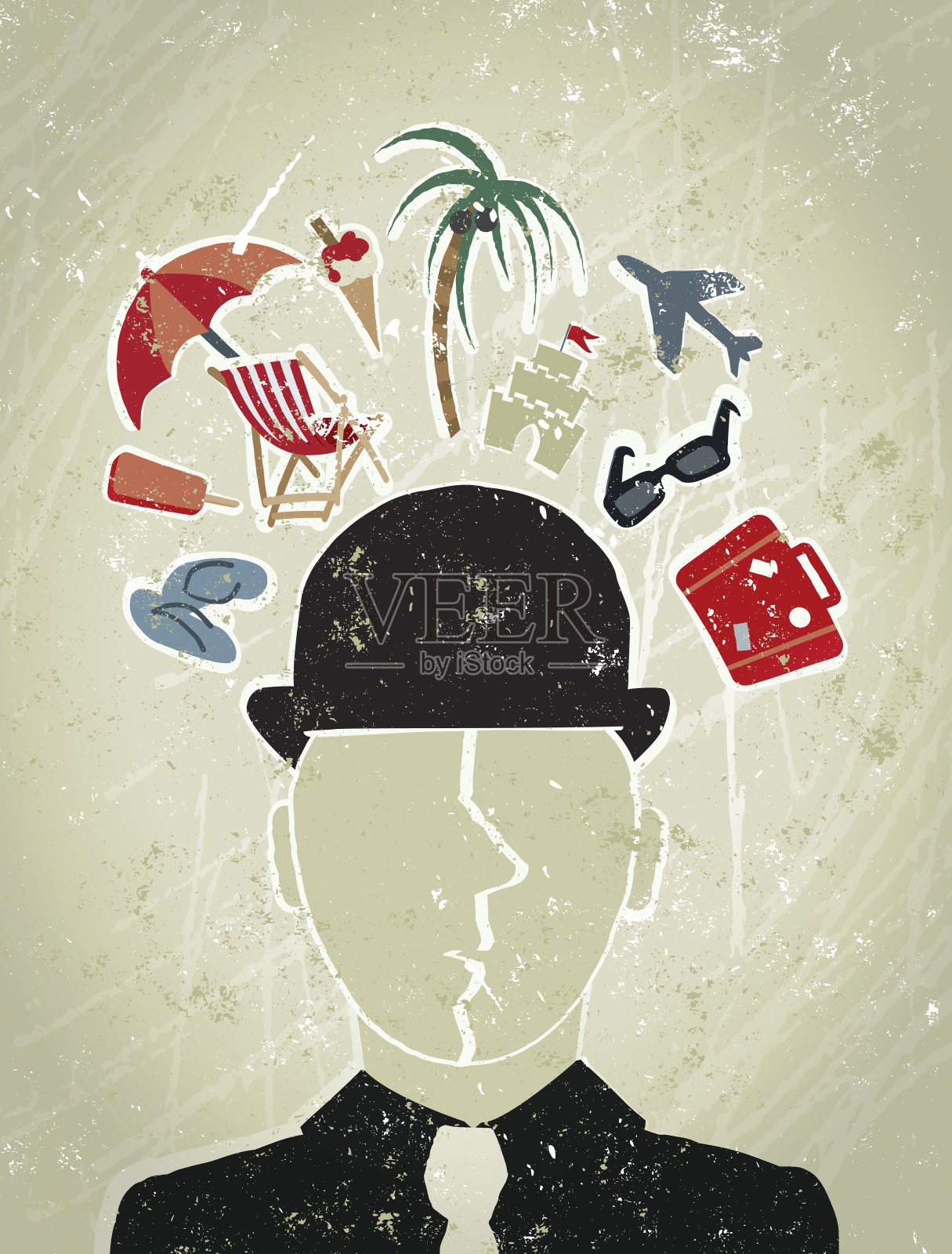 头顶上环绕着度假图标的商人插画图片素材