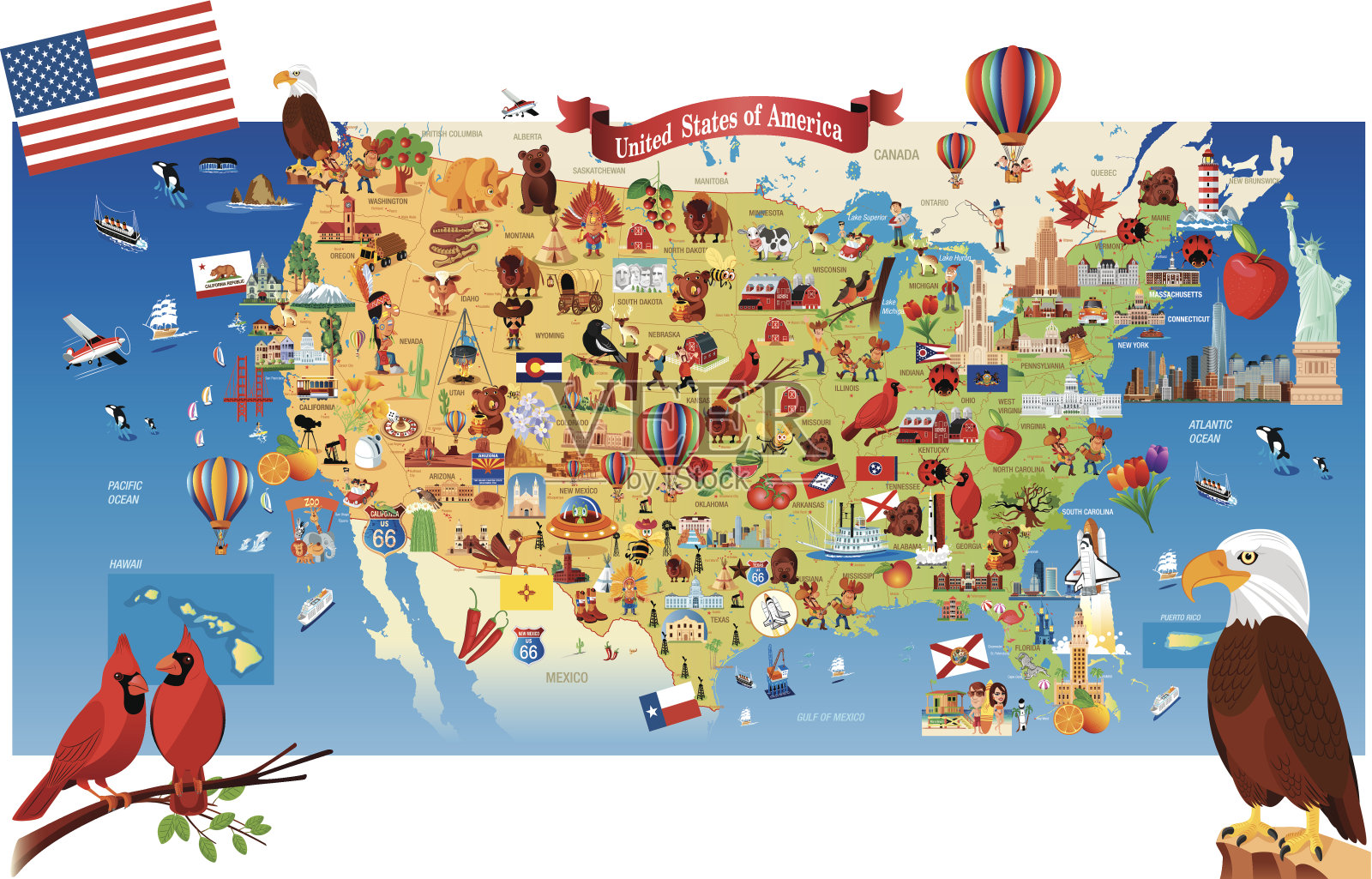 美国卡通地图插画图片素材