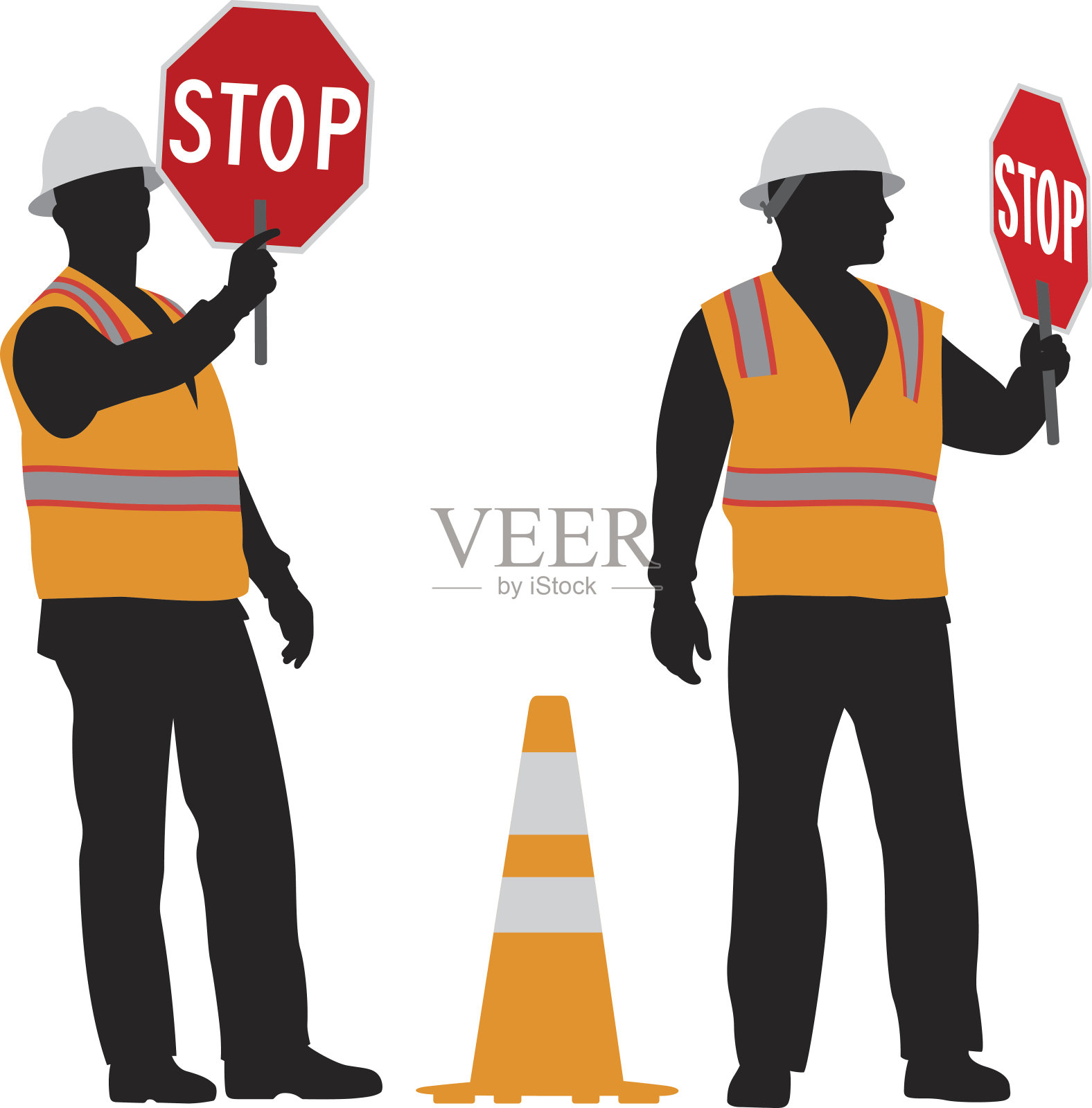 建筑工人手持停车标志剪影设计元素图片