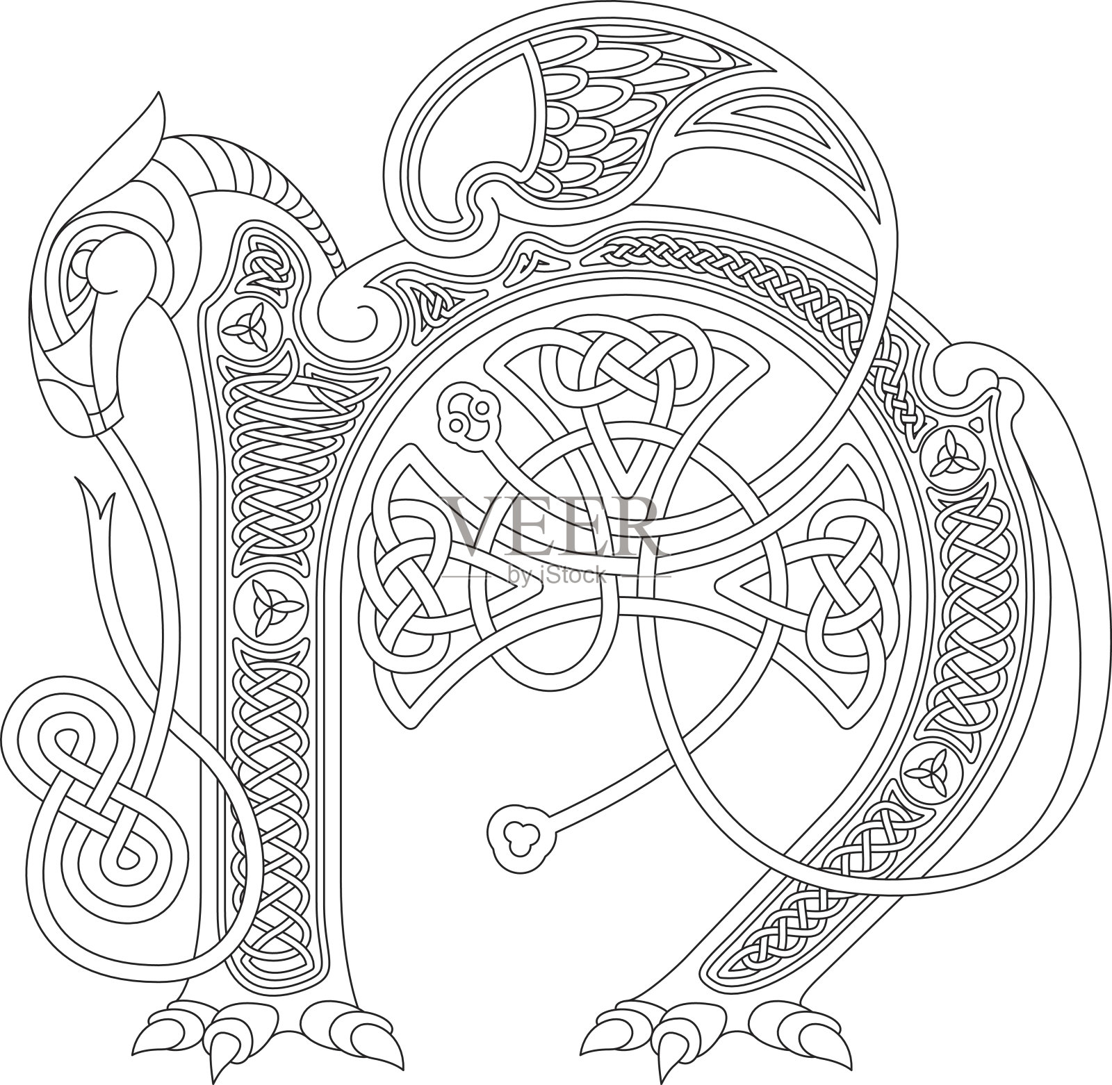 装饰性凯尔特字母N画(有无尽结的动物)插画图片素材