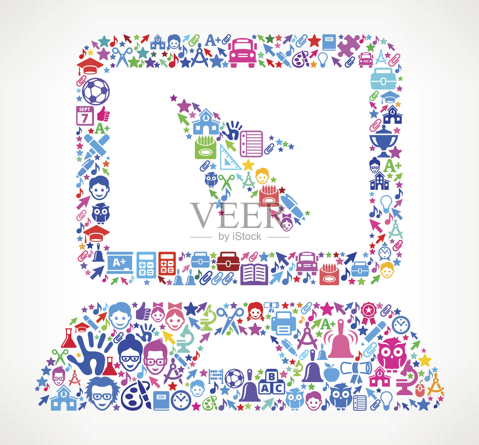 笔记本电脑上的学校和教育图标模式插画图片素材