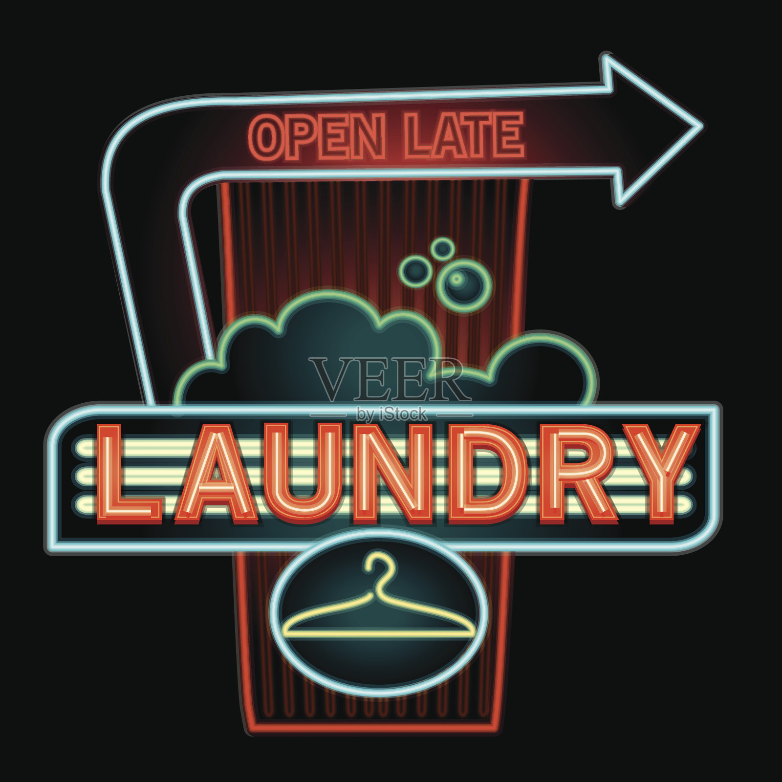 Open Late Coin Laundry霓虹招牌插画图片素材