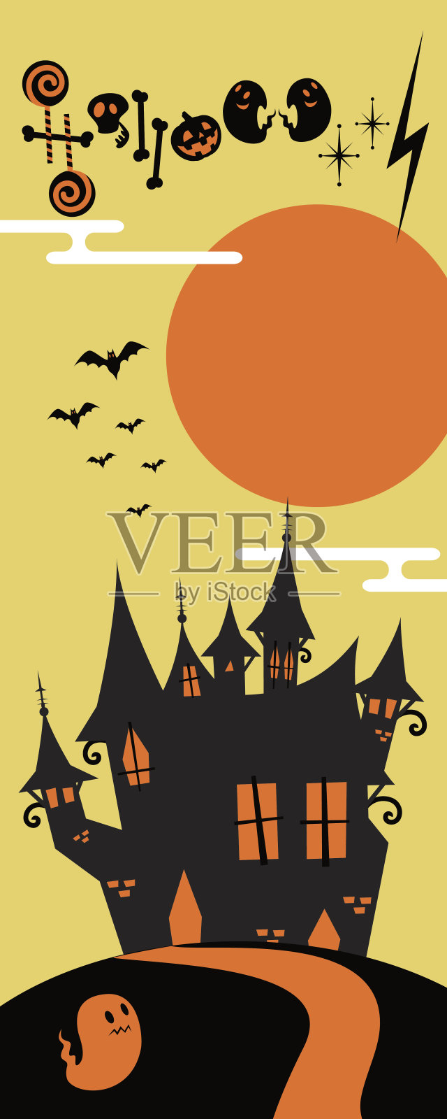 垂直的万圣节横幅，山上怪异的城堡，蝙蝠飞翔，幽灵插画图片素材