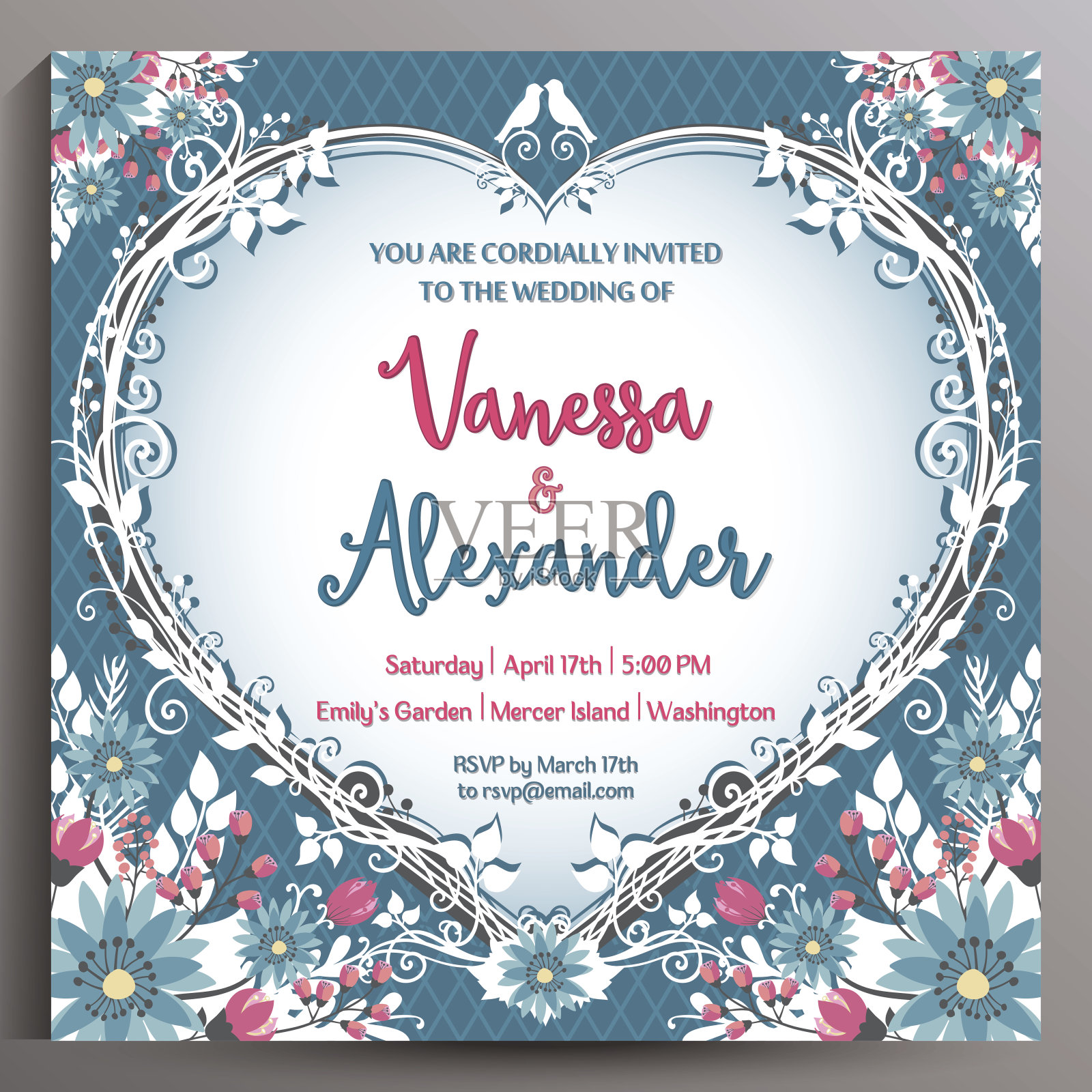 浪漫的婚礼的邀请。花方卡14.5厘米设计模板素材