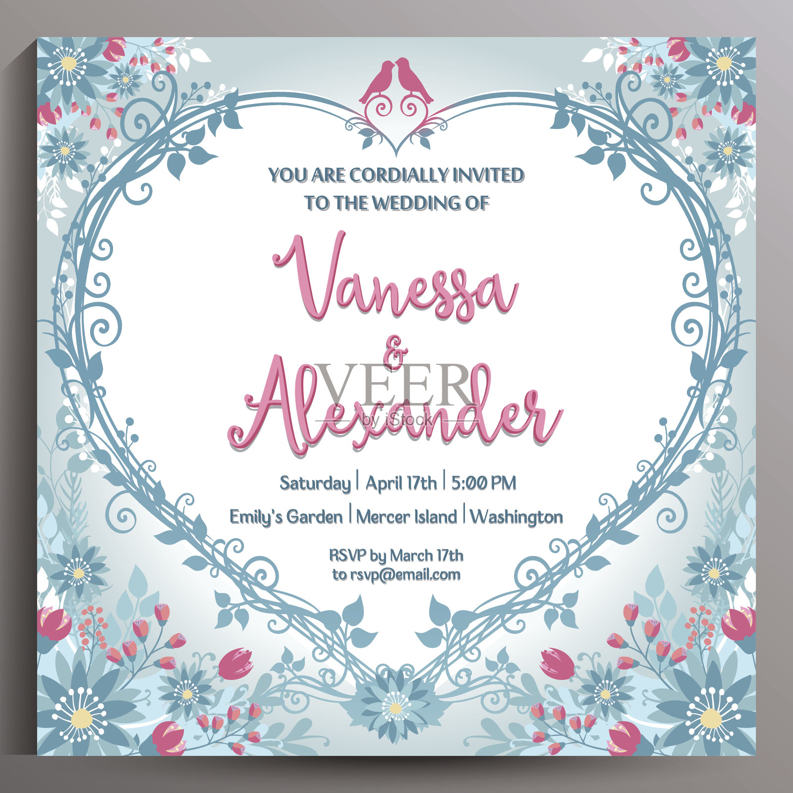 浪漫的婚礼的邀请。花方卡14.5厘米设计模板素材