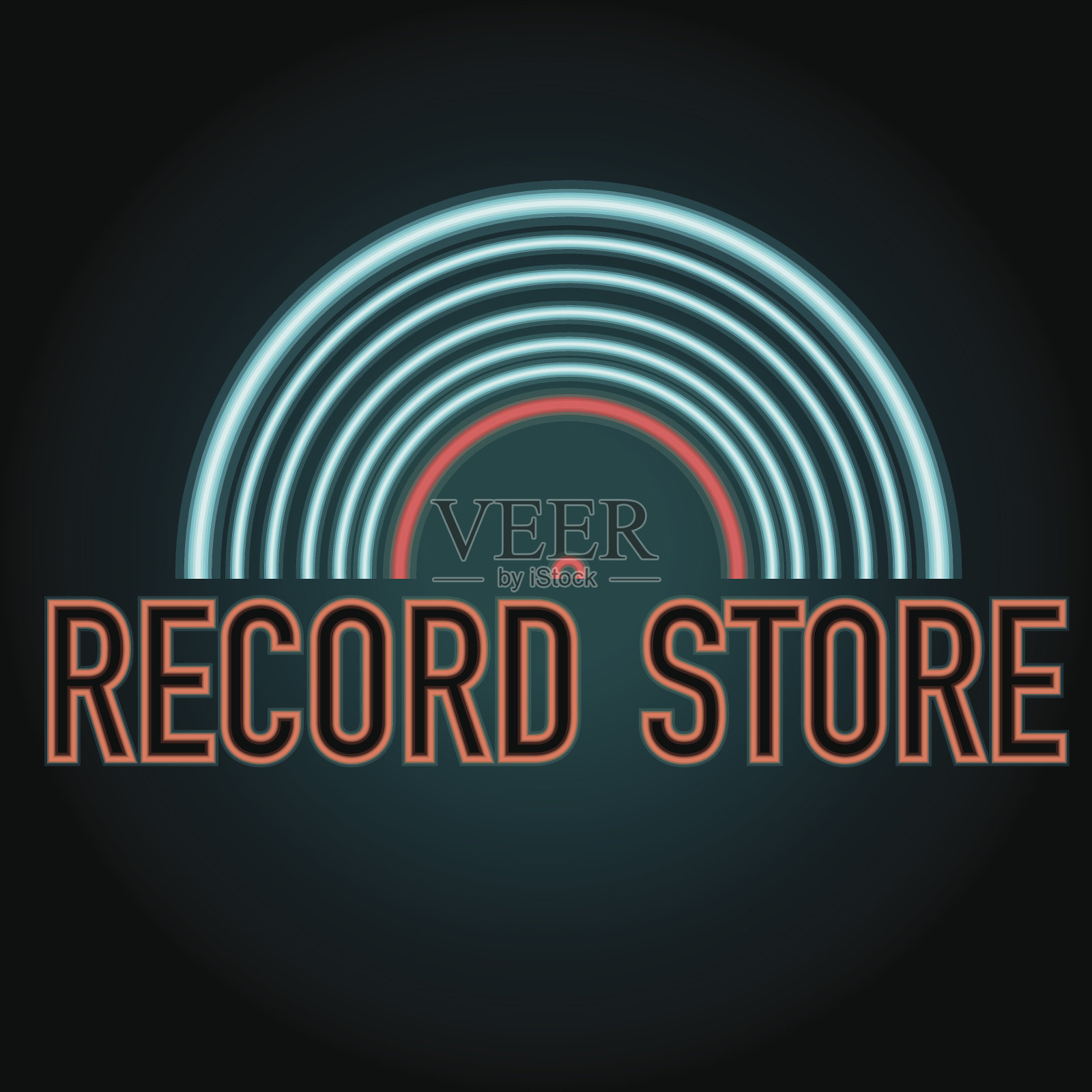 深夜复古唱片店的乙烯基霓虹灯招牌插画图片素材