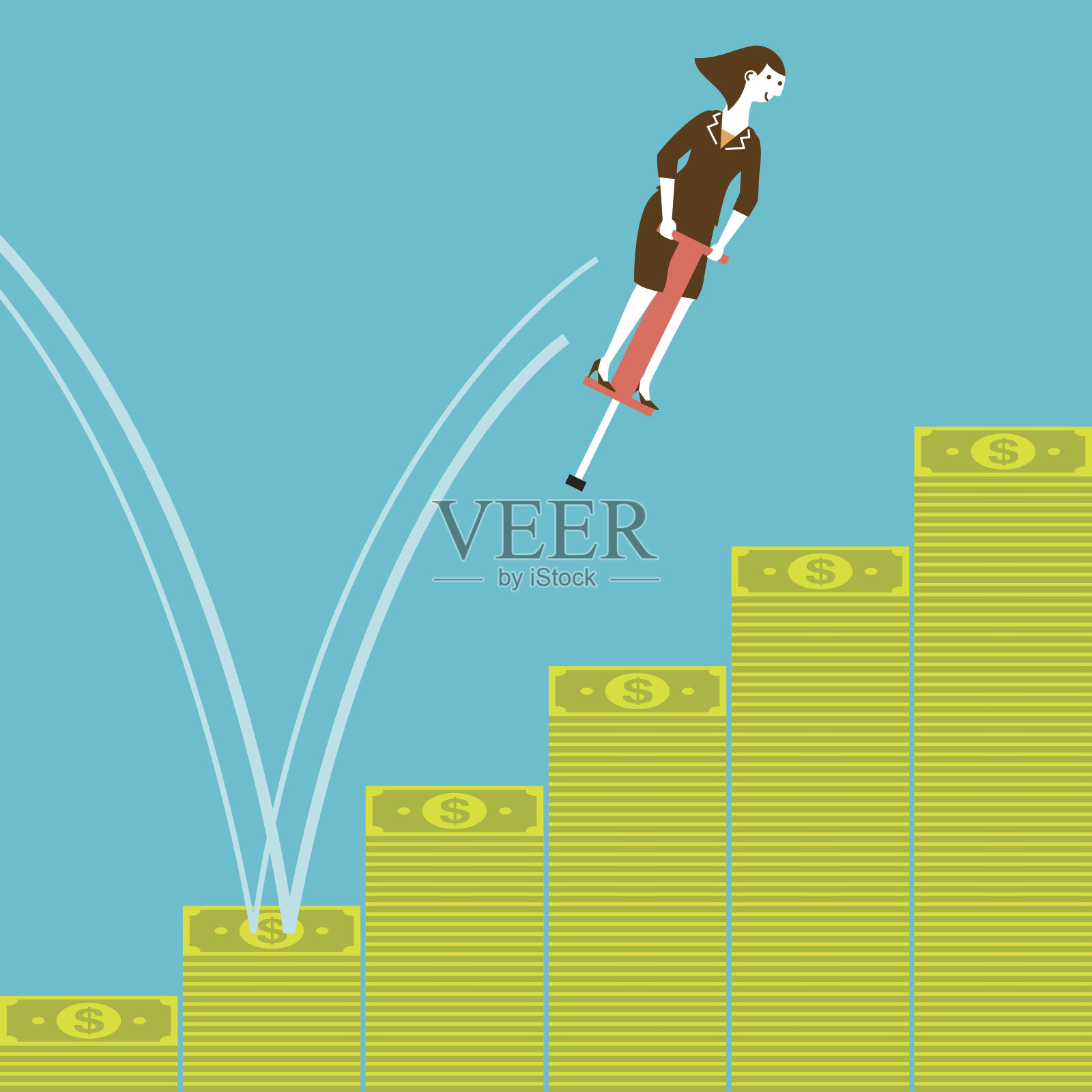 女商人Pogostick在钞票上跳来跳去的新商业概念插画图片素材