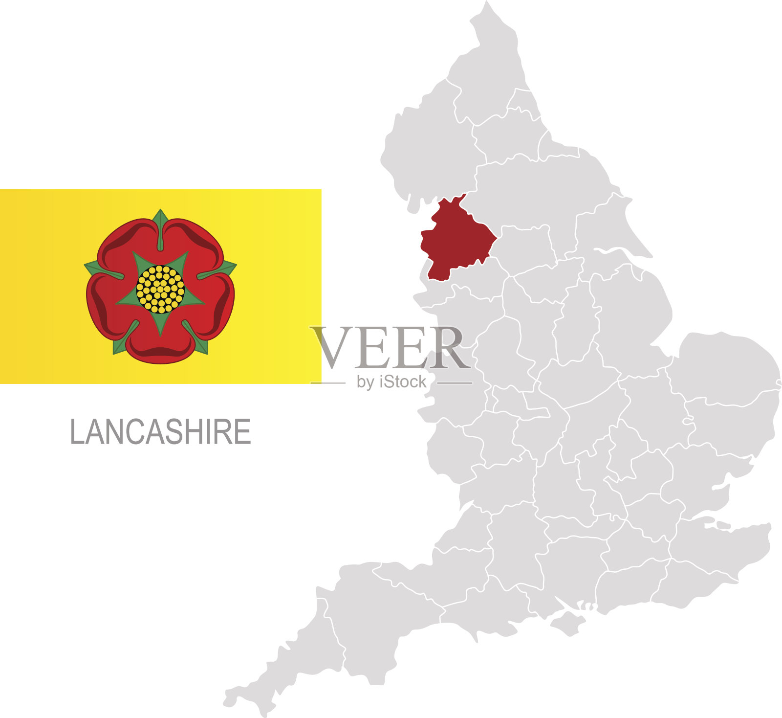 兰开夏郡的旗帜和英格兰地图上的位置插画图片素材