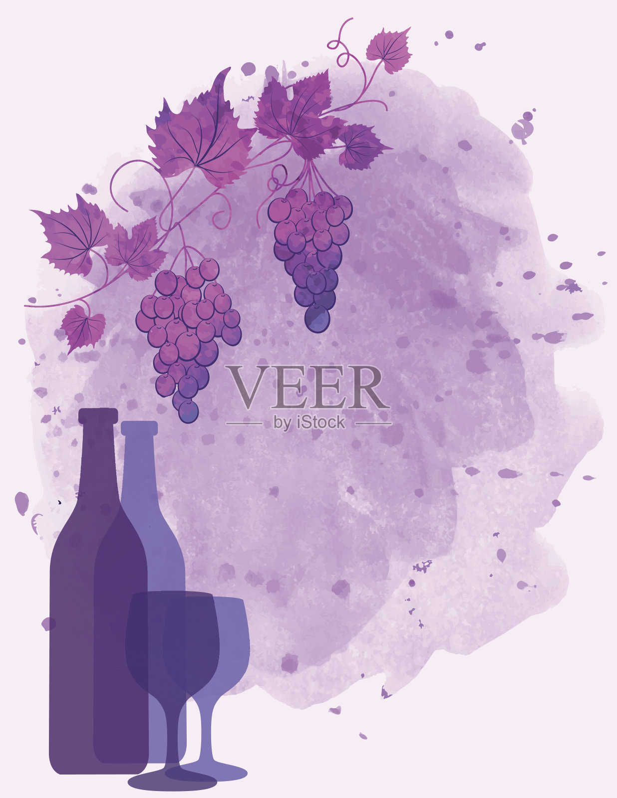 带葡萄和酒瓶的水彩画葡萄酒海报设计元素图片
