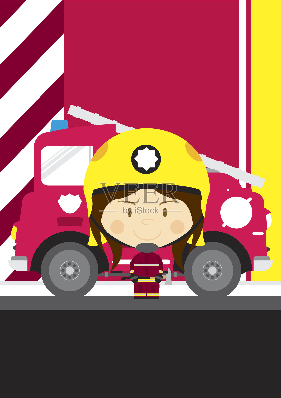 大头消防员和消防车插画图片素材