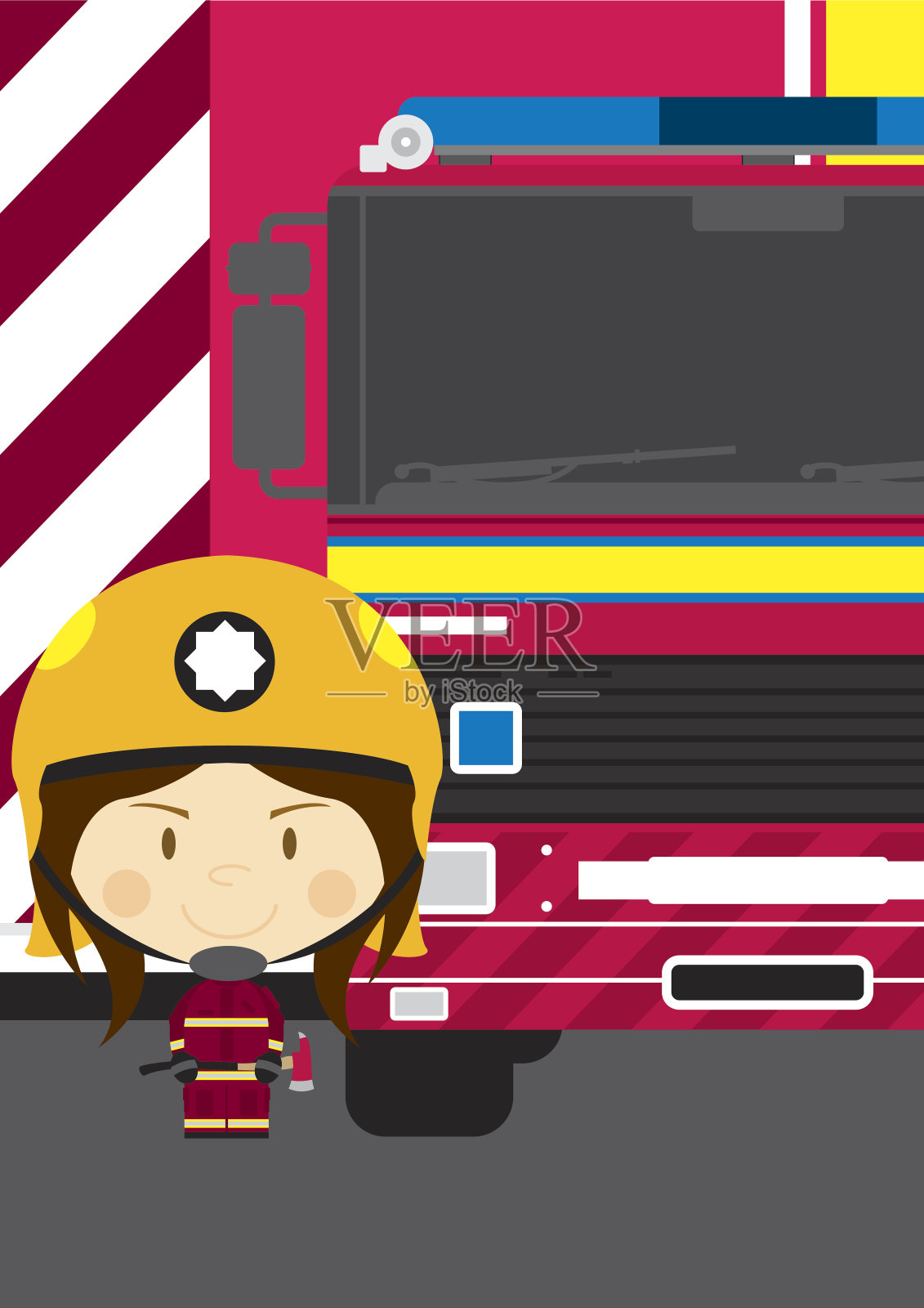 大头消防员和消防车插画图片素材