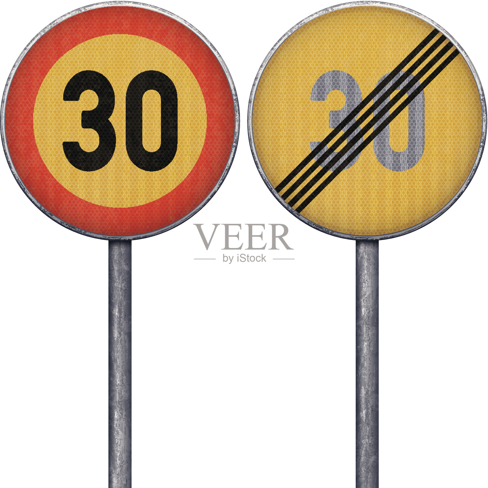 两个黄色和红色最高限速30个路标设计元素图片