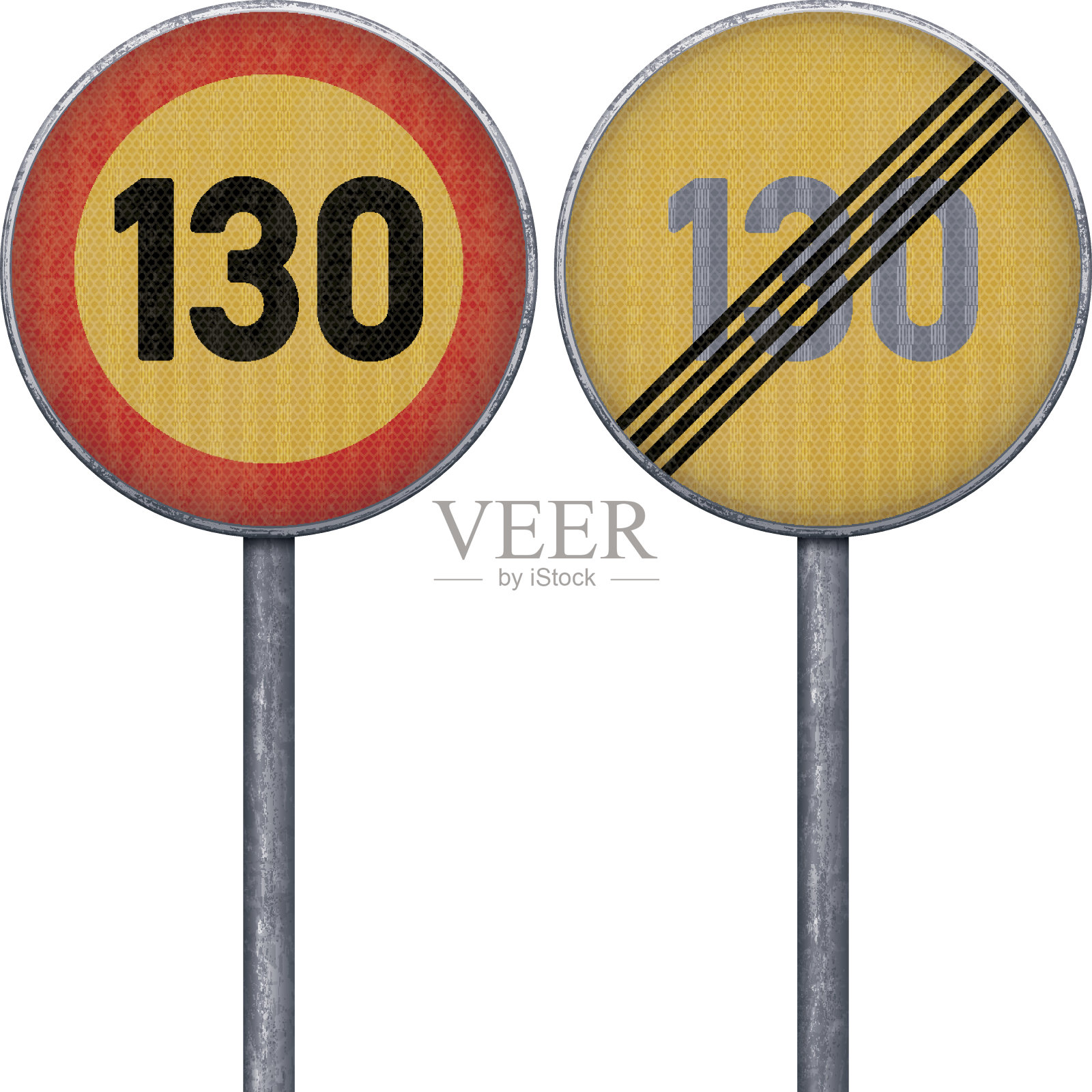 两个黄色和红色最高限速130个路标设计元素图片