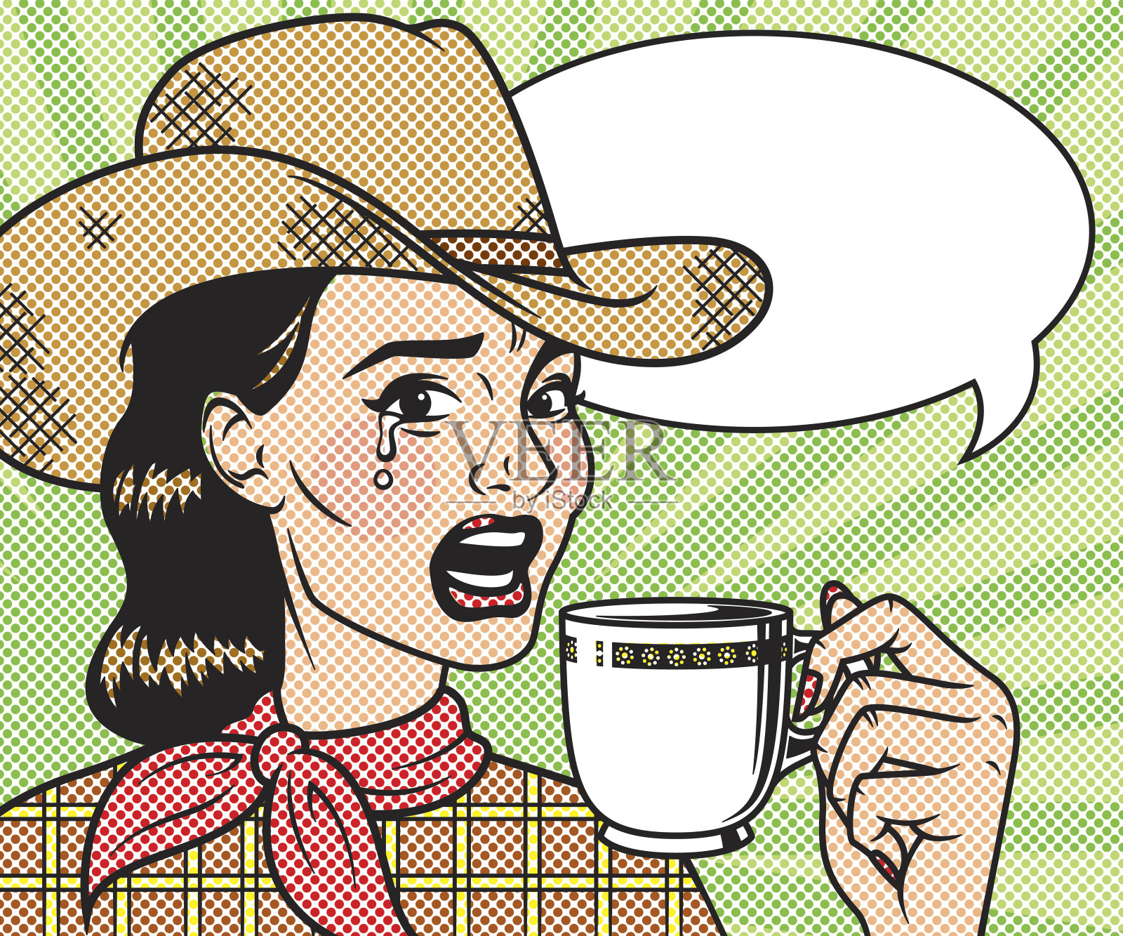 复古复古哭泣女牛仔喝咖啡线艺术图标插画图片素材