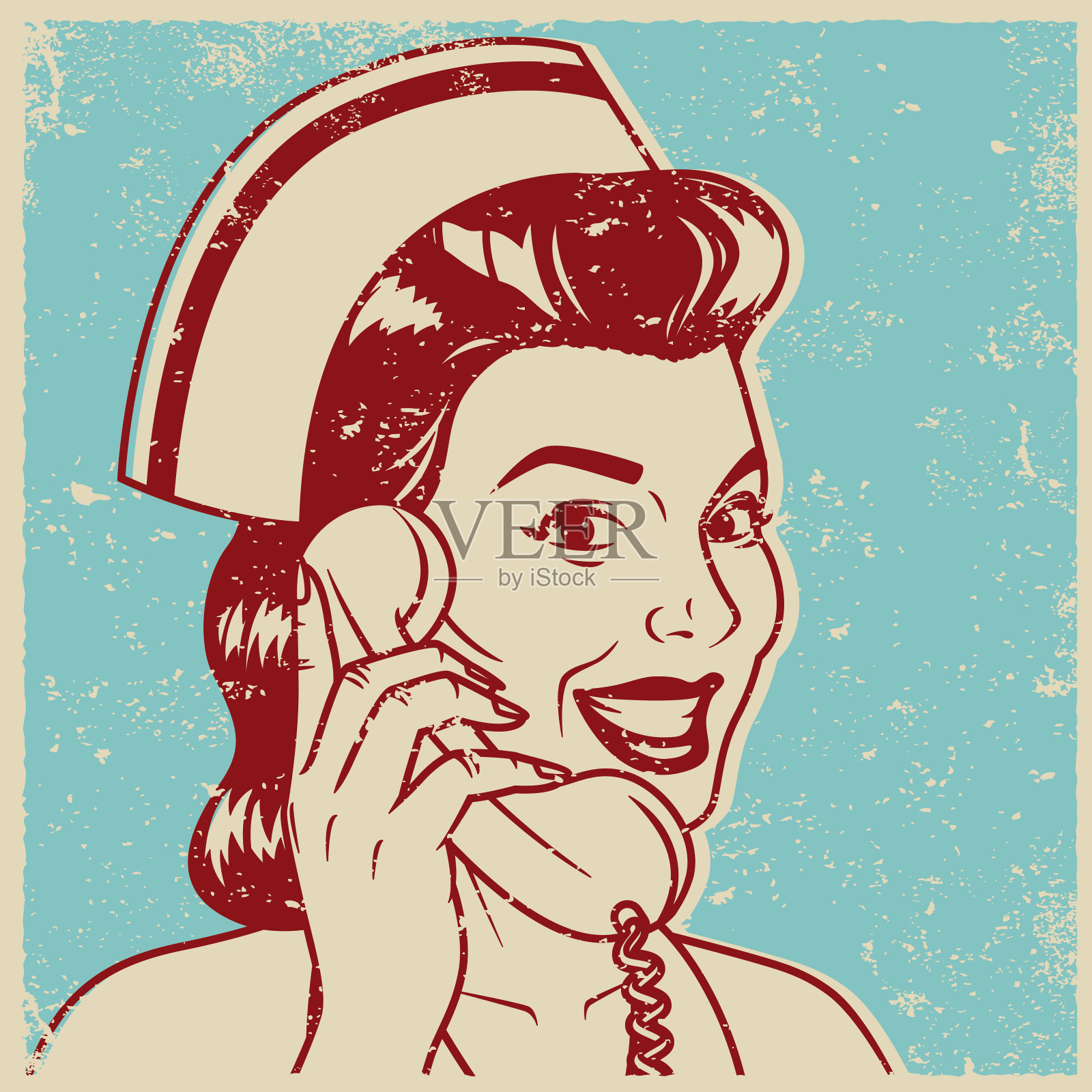 复古复古的女人在电话线路艺术图标插画图片素材