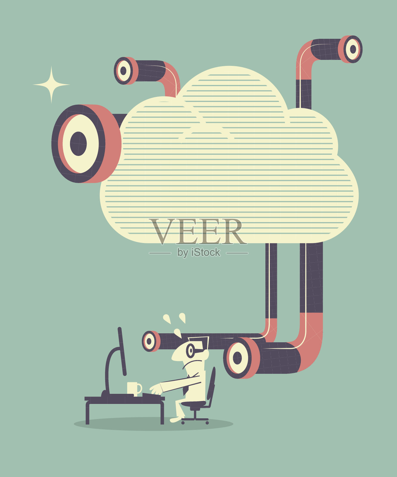 在云里用潜望镜看电脑的人插画图片素材