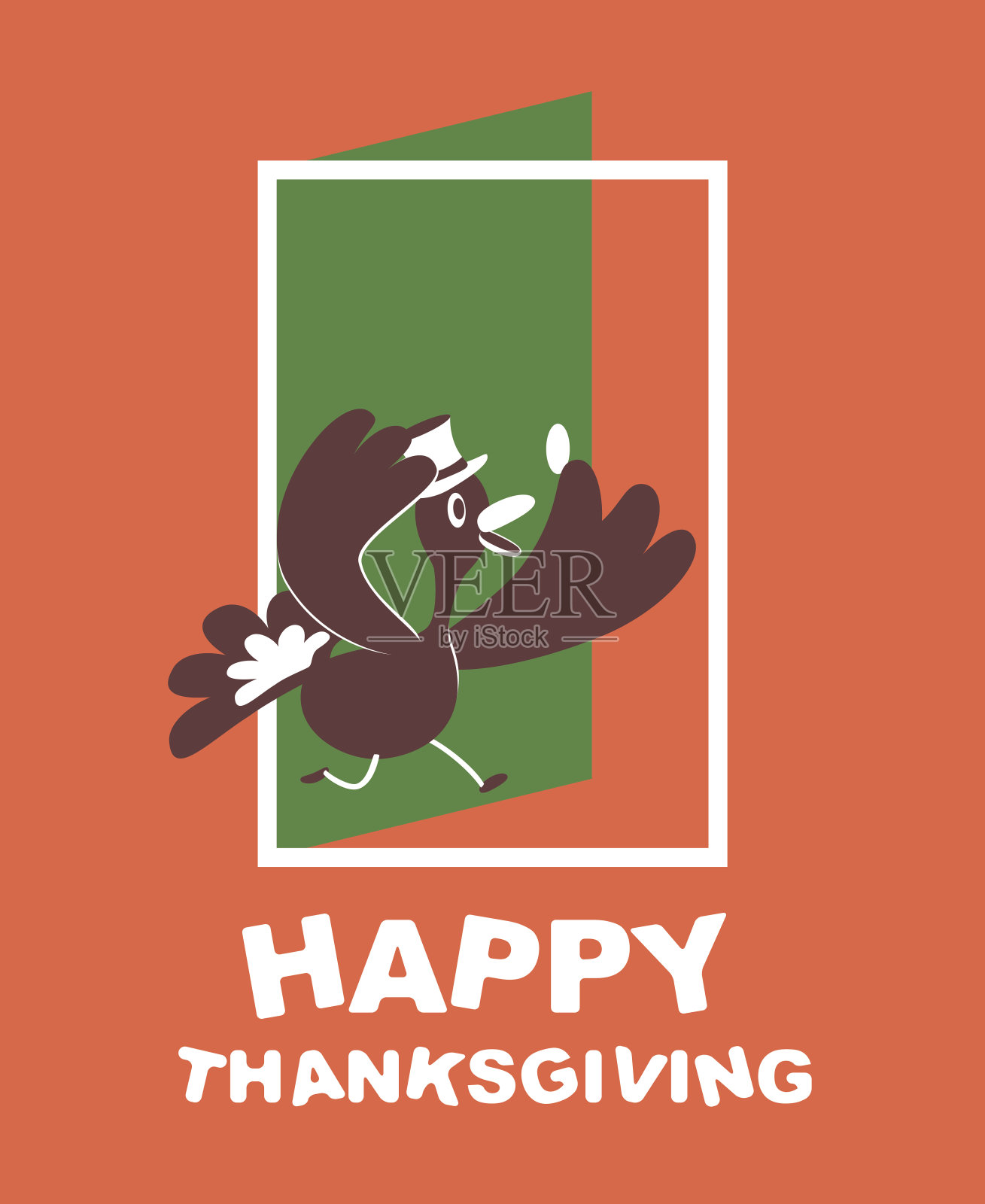 带着大礼帽的感恩节微笑火鸡，走进一扇门插画图片素材