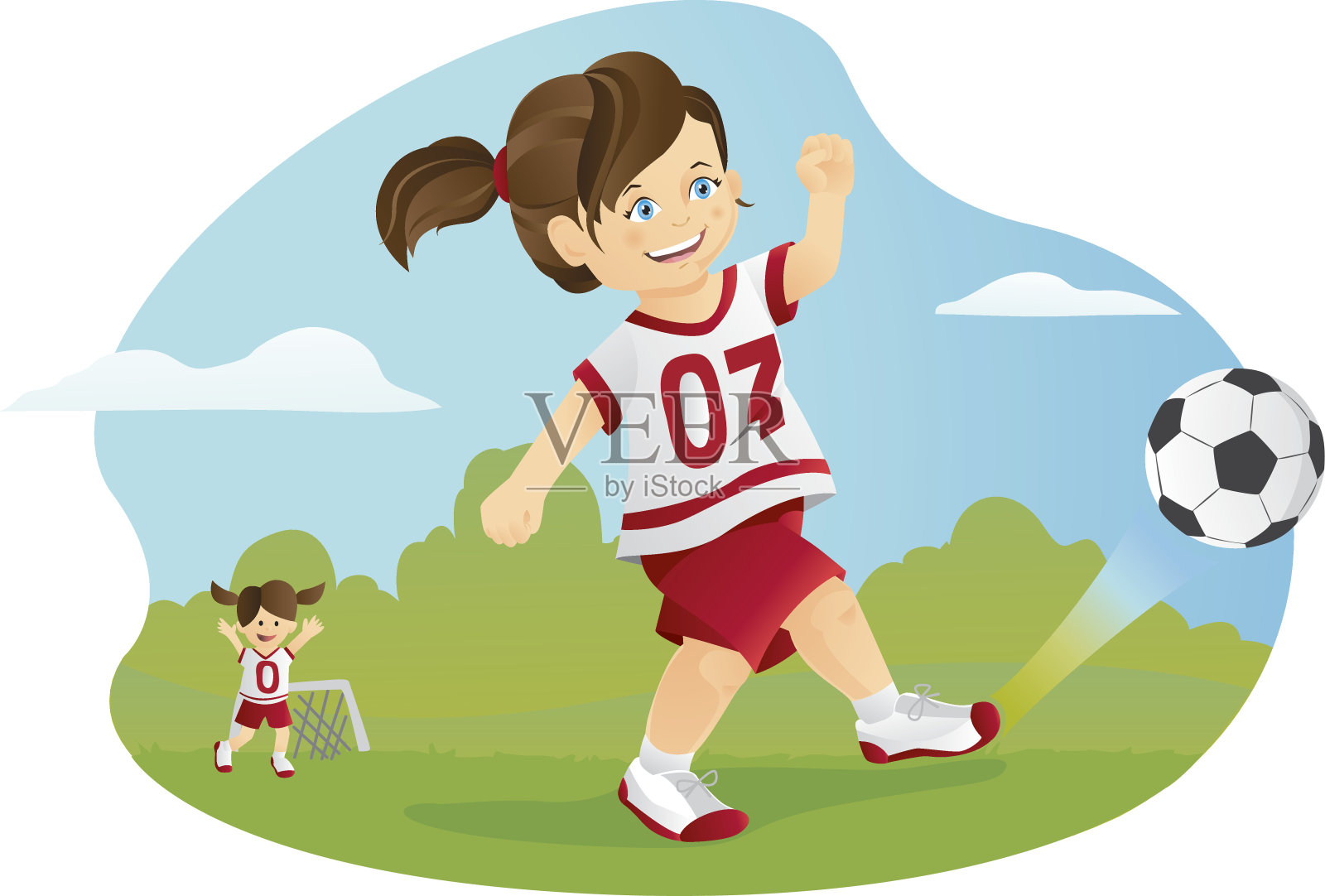 小女孩踢足球插画图片素材