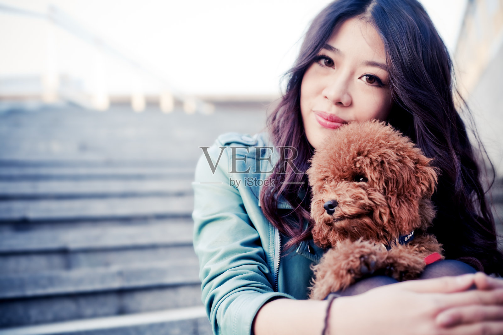 年轻时尚的女孩抱着玩具贵宾犬走下楼梯照片摄影图片