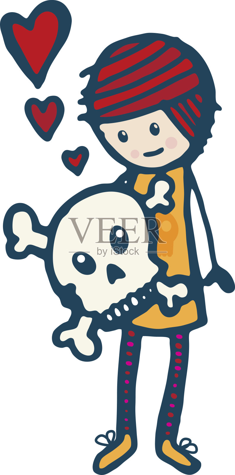 带着骷髅的垃圾摇滚女孩插画图片素材