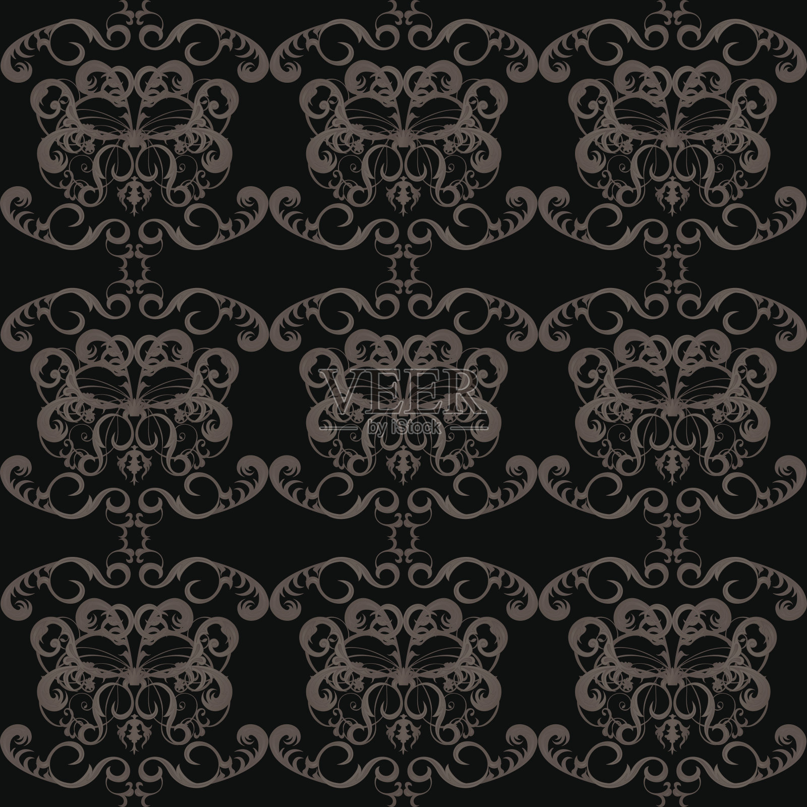 复古无缝壁纸与花卉图案的黑色背景插画图片素材