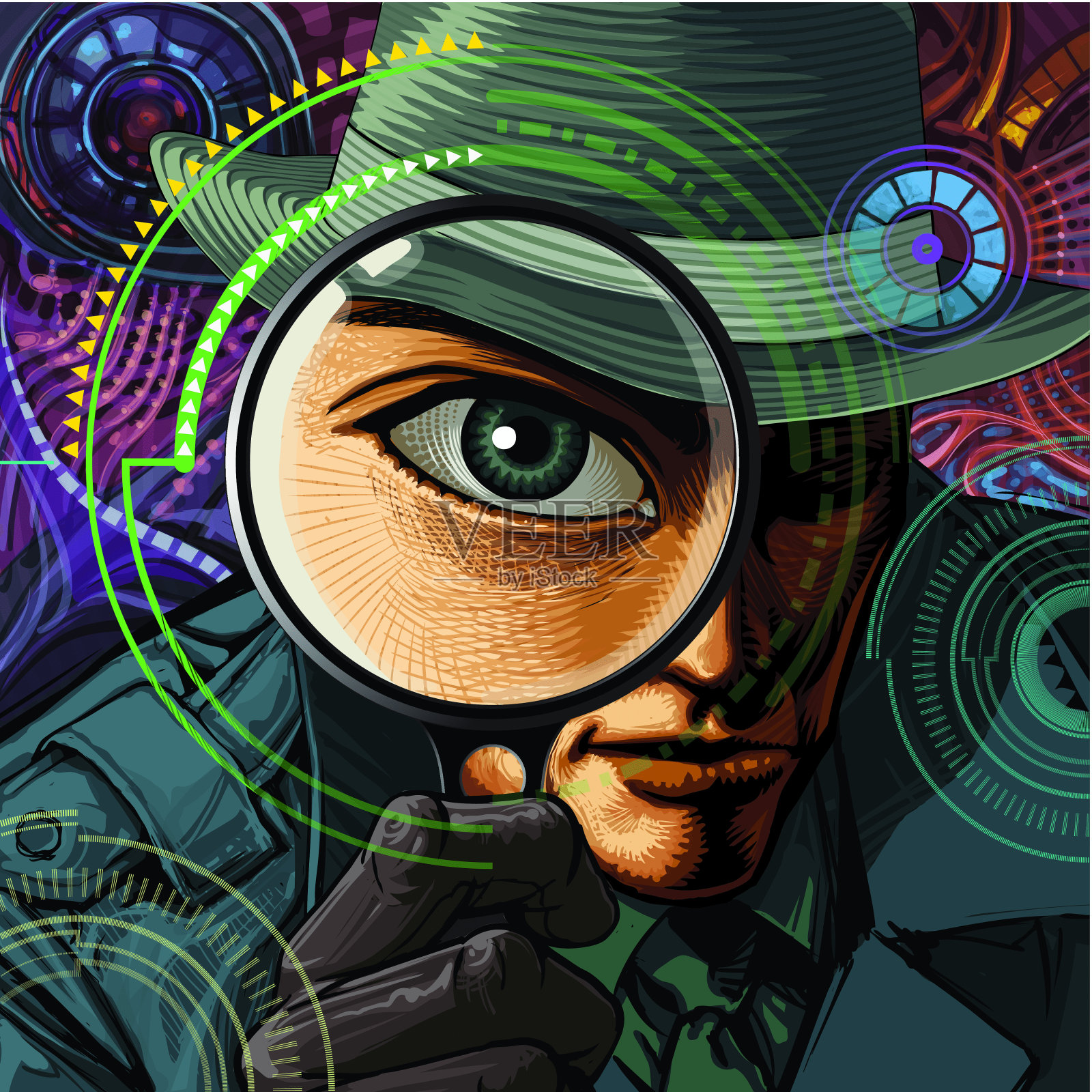 带放大镜的私家侦探插画图片素材