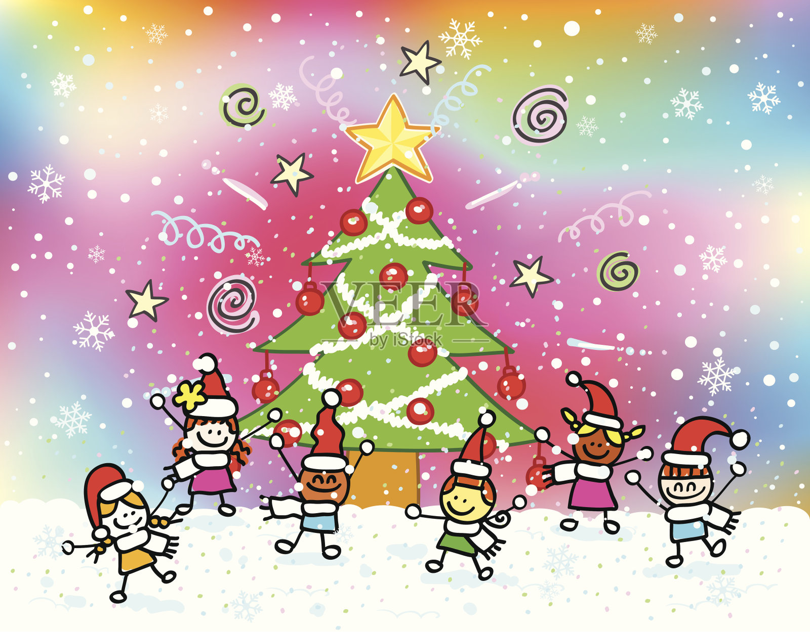 圣诞树和儿童卡通插画图片素材