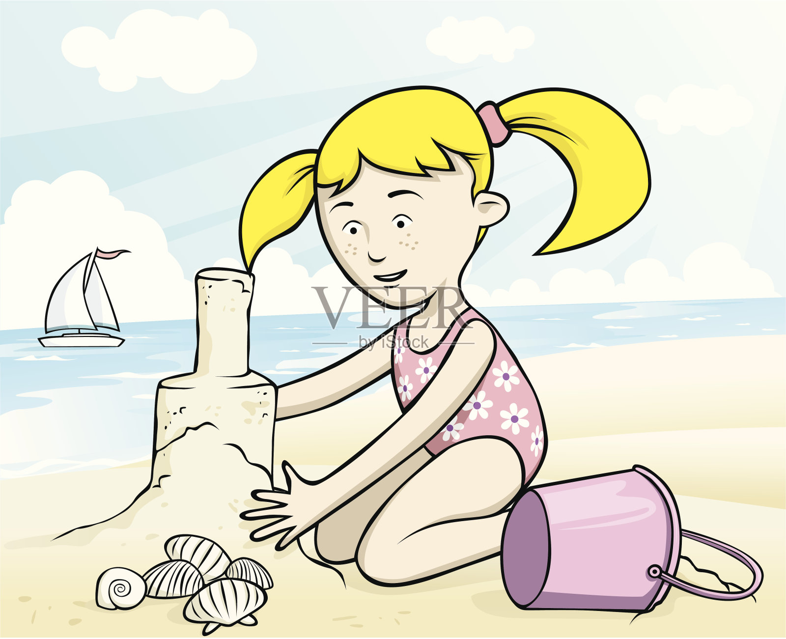 沙滩上的女孩插画图片素材