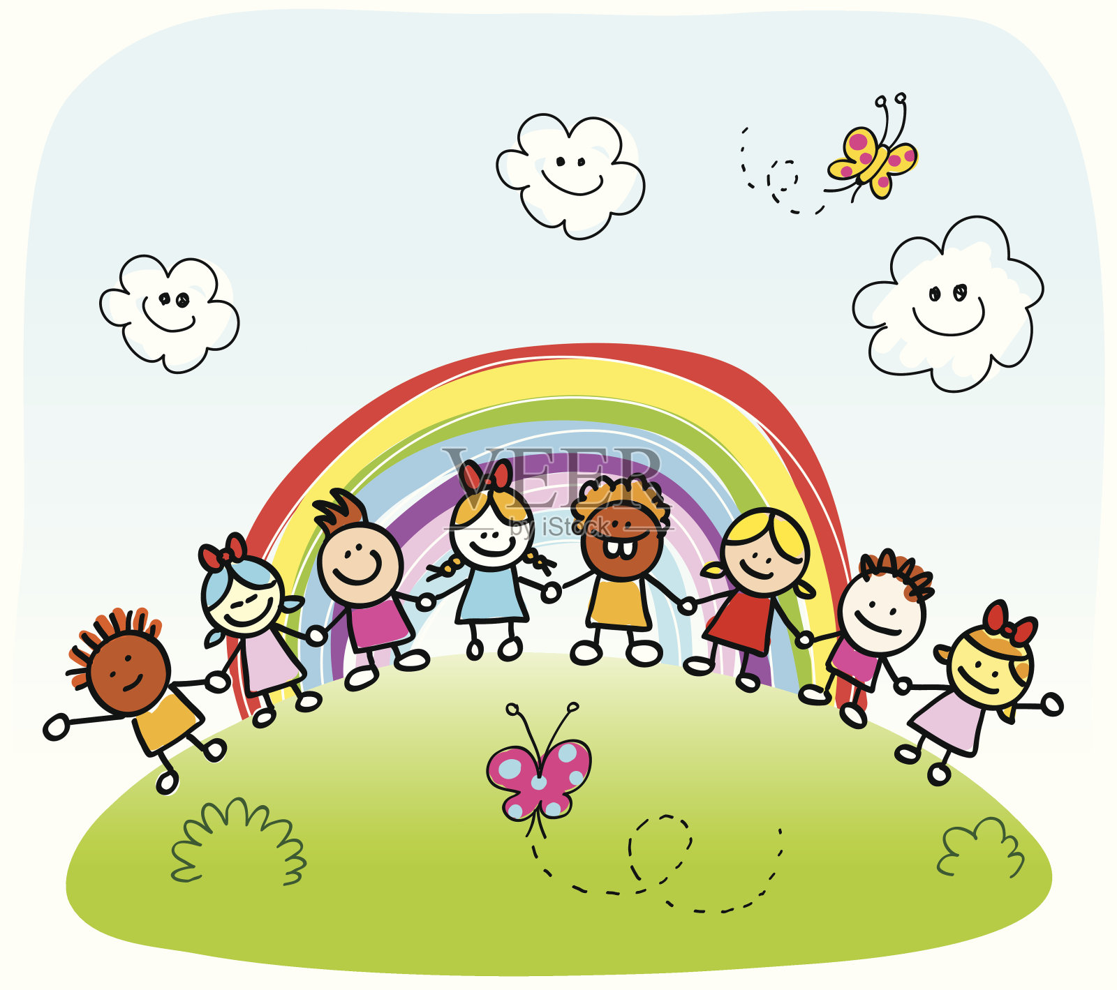 快乐的小朋友手牵着手，春天在户外玩耍，夏天大自然卡通设计元素图片