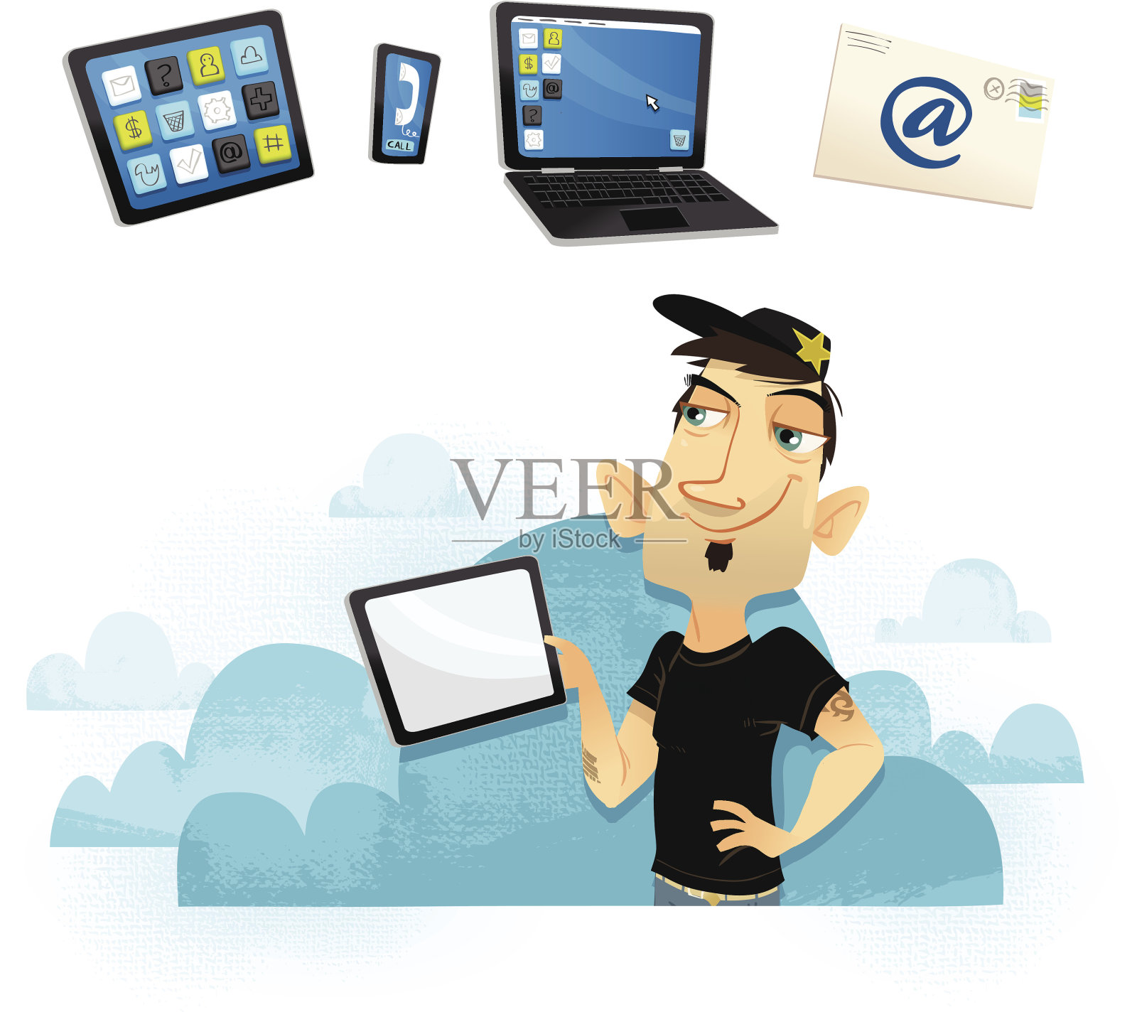 硬汉与平板电脑-在云!插画图片素材