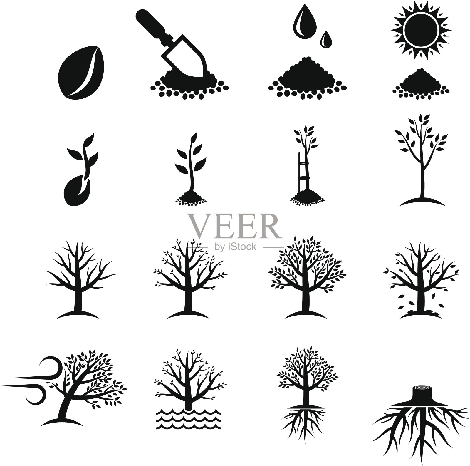 生长树过程黑白矢量图标集图标素材
