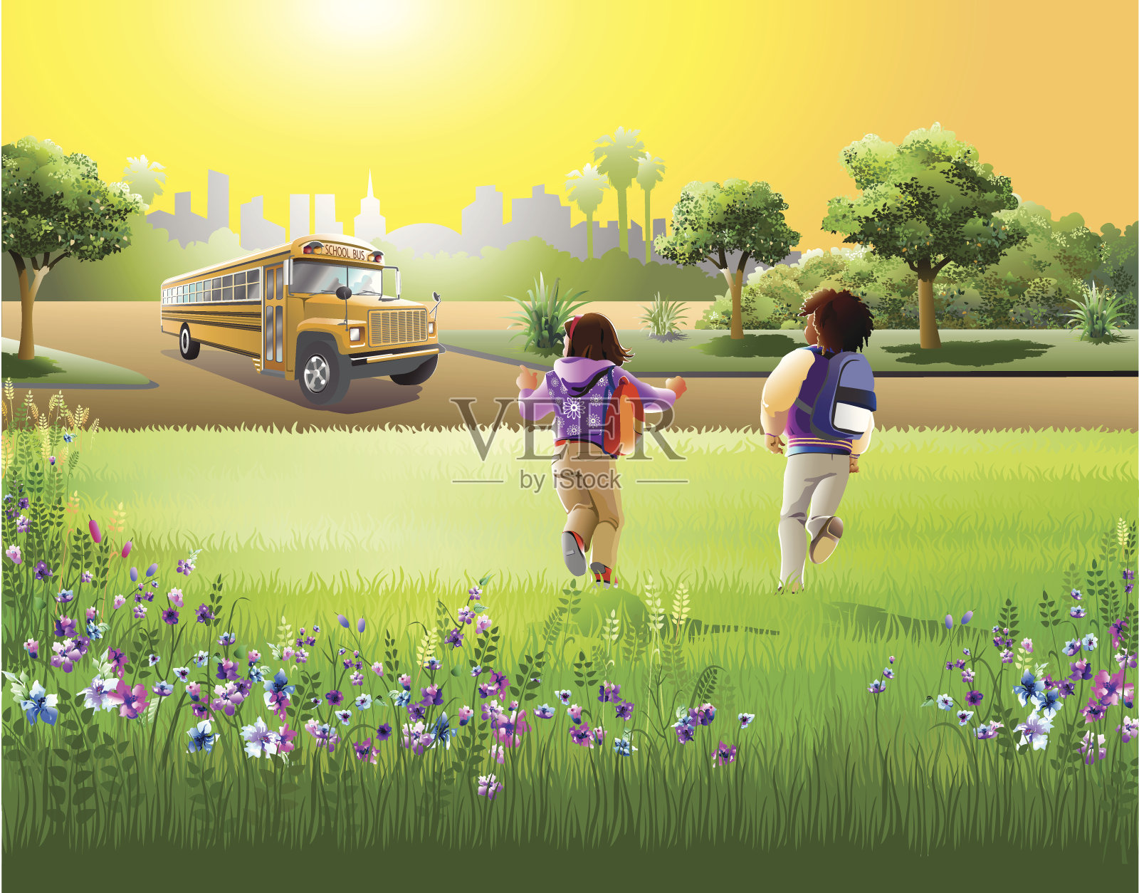 孩子们跑向停着的校车插画图片素材