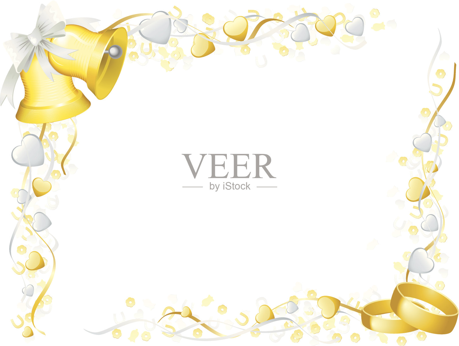 婚礼钟声，戒指框架与心和五彩纸屑水平插画图片素材