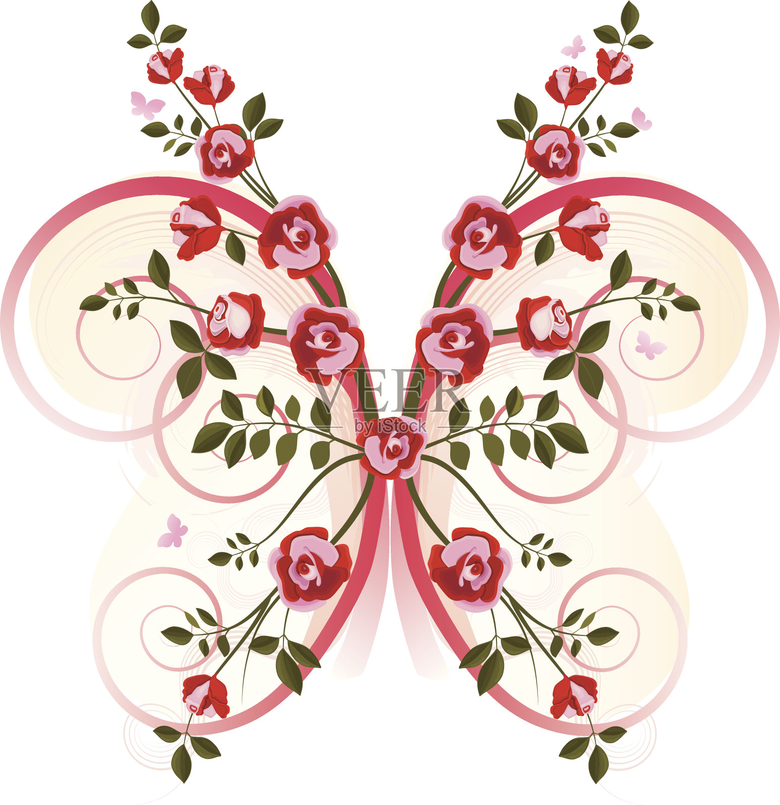 蝴蝶形状的红玫瑰和粉玫瑰插画图片素材