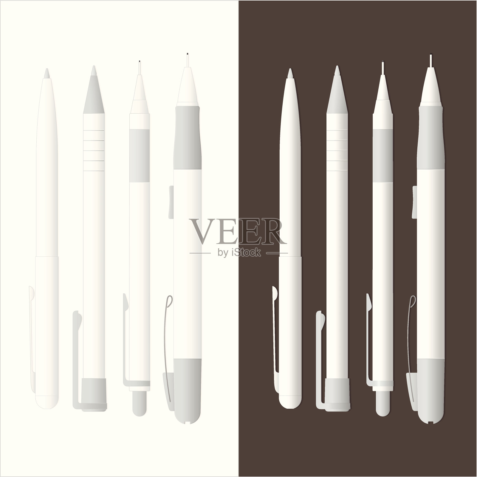 详细的白色钢笔和机械铅笔插画图片素材