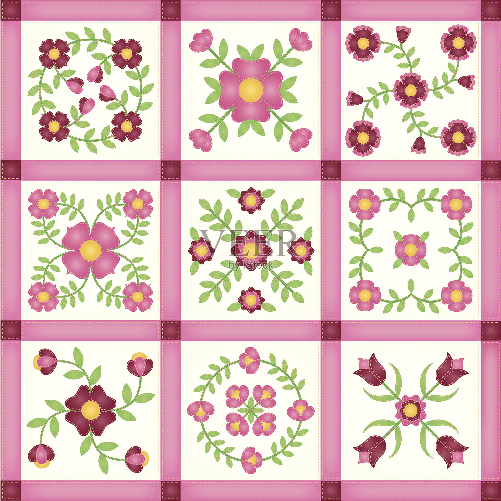 粉红花贴花拼布被子块插画图片素材