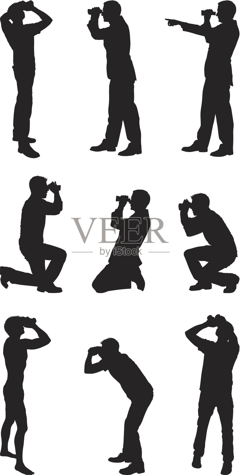 男人们摆着不同的姿势透过望远镜看插画图片素材