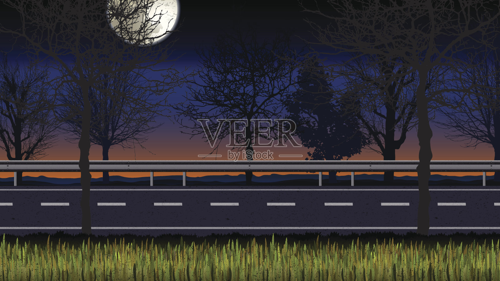 晚上的路上有树和草插画图片素材
